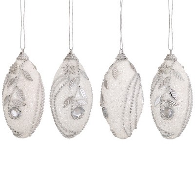 Northlight 4ct Beaded Floral Shatterproof Christmas Finial Ornament Set 4.5" - White/Silver