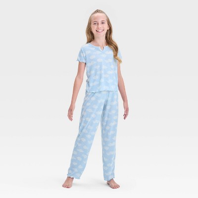 Girls' 2pc 'Clouds' Short Sleeve Ribbed Pajama Set - Cat & Jack™ Blue M