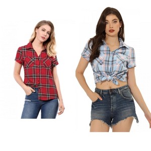 Allegra K Women's Classic Short Sleeve Button Down Plaid Shirt 2 Pcs - 1 of 4