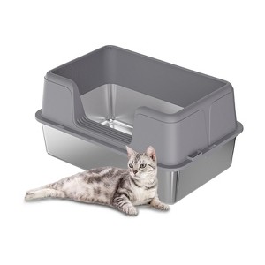 Cat Litter Box Stainless Steel, High Sides Cat Litter Box Metal Litter Tray, Anti-Splash Deepened Semi-Enclosed Large Cats Toilet - 1 of 4