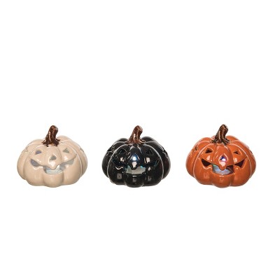 Gallerie II 3.27" x 3.94" Orange White Black Stoneware Pumpkin 3-Piece Light Up Jack O' Lantern Halloween Figurines