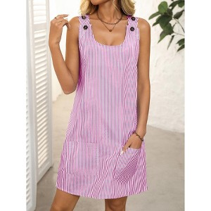 Women's Casual Striped Button Pocket Dress With Round Neck - 1 of 4