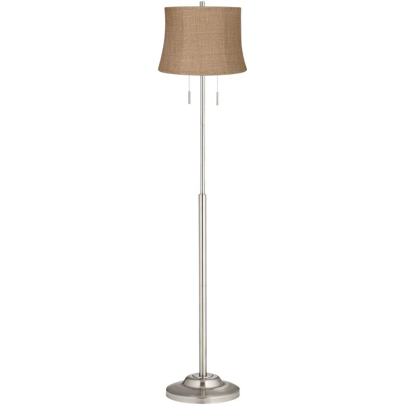 360 Lighting Abba Modern Floor Lamp Standing 66" Tall Brushed Nickel Silver Natural Burlap Fabric Drum Shade for Living Room Bedroom Office House Home, 1 of 5