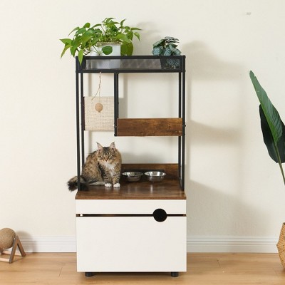 Cat Litter Box Enclosure With Cat Tree Tower Wooden Hidden Wooden Litter Box Furniture With Scratching Pads, White+Vintage, American Design