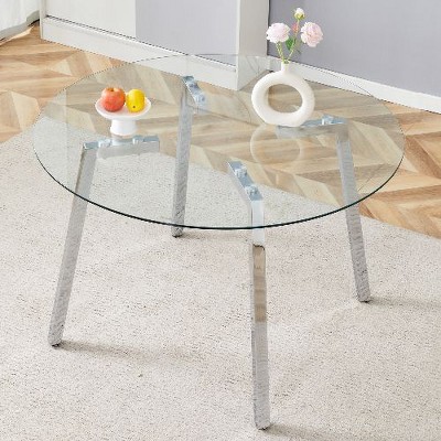 CAVINAS Modern Tempered Glass Dining Table with 7-Shaped Metal Legs, Round Dining Table for 4-6, Coffe Table for Kitchen, Office Conferences