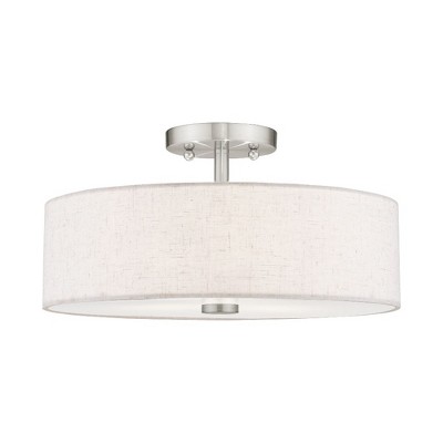 Meridian Brushed Nickel 3-Light Drum Ceiling Fixture with Oatmeal Shade