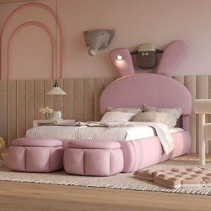 Twin Size Upholstered Platform Bed with LED Light, 2 Storage Stools and Cartoon Ears Shaped Headboard, Beige/Pink, 4A -ModernLuxe - 1 of 4