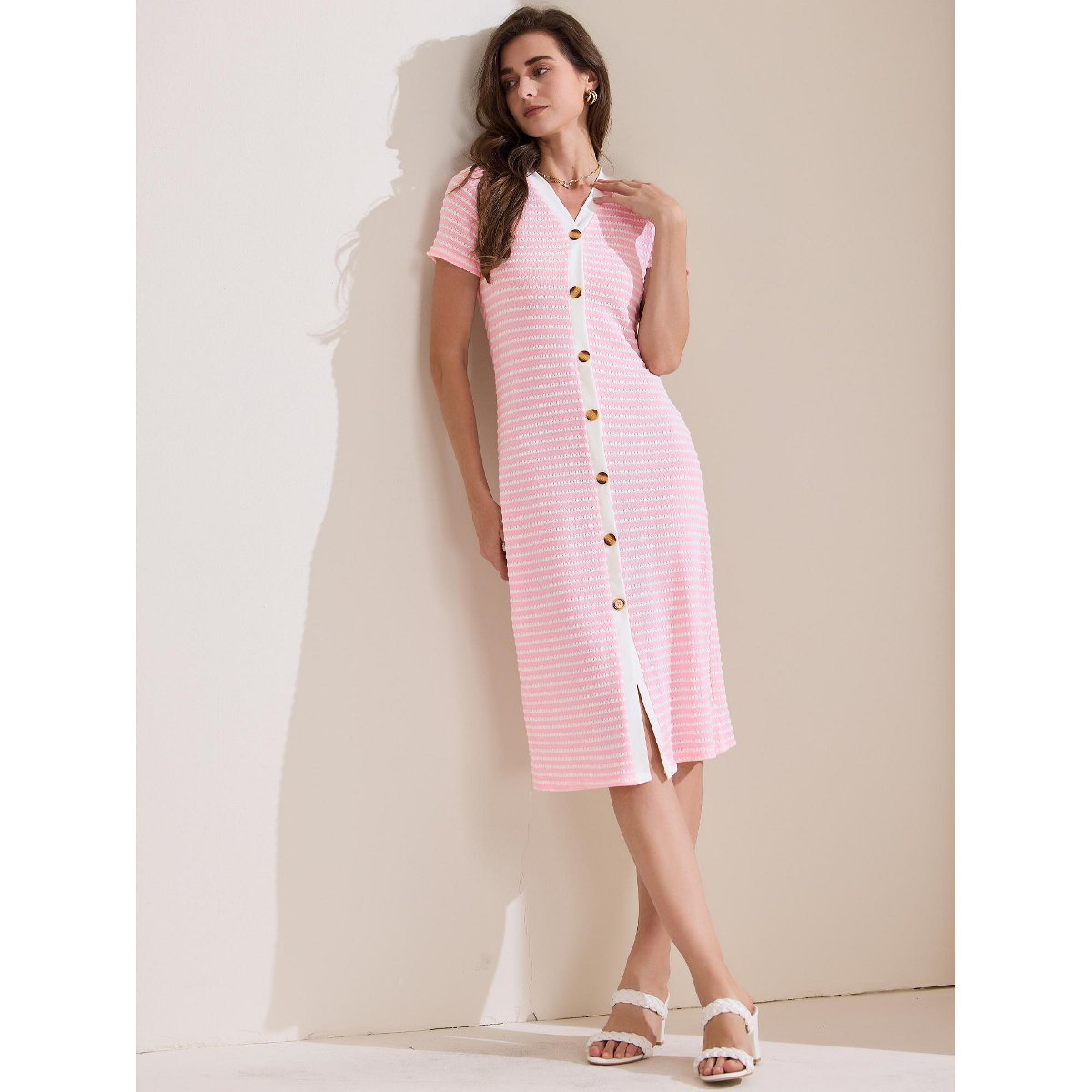 Женские платья INSPIRE CHIC Women's Button Down V-Neck Short Sleeve Striped Ribbed Knit Midi Dresses X-Small Pink — фото 2
