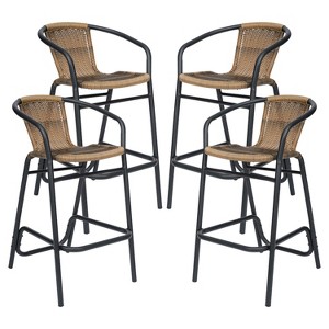 Emma and Oliver Set of Four Indoor/Outdoor Restaurant Style Rattan Barstools - 1 of 4