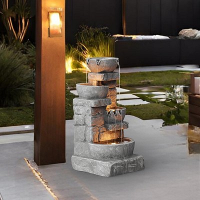 Stone Gray Cascading Bowls and Stacked Stones LED Outdoor Fountain