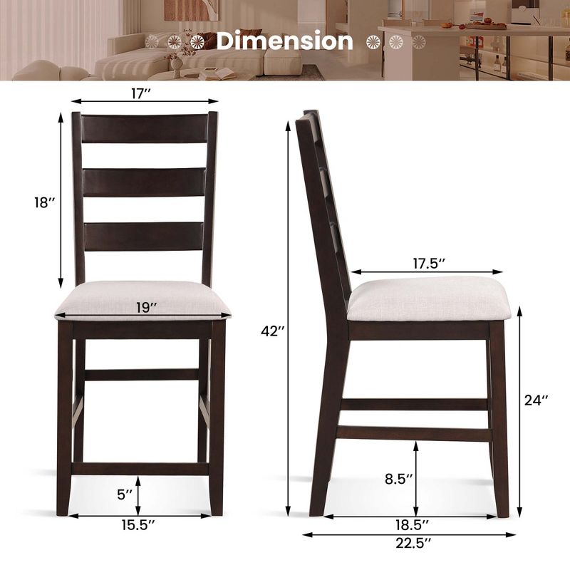 Costway Set of 2 Upholstered Bar Stools 24'' Rubber Wood Dining Chairs with High Back, 5 of 11
