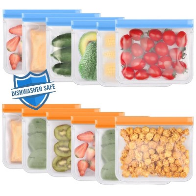 LunaLulinlk 12-Pack Reusable Silicone Sandwich Bags, Dishwasher-Safe, Leak-Proof Double Zipper, Freezer Bags, Orange and Blue