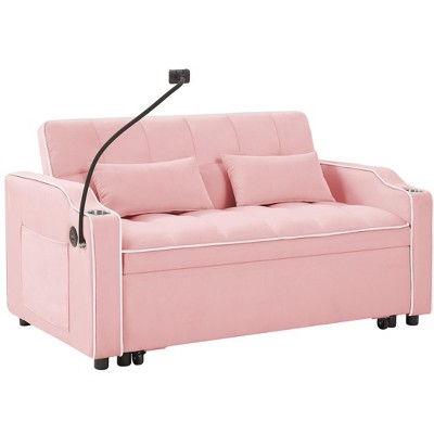 VYNXARIA versatile foldable sofa bed in 3 lengths, Modern sofa velvet pull-out bed, adjustable back with USB port , ashtray ,swivel phone stand (Pink)