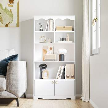 Bookcase with Door Industrial Bookshelf, Wooden 5 Shelf White Display Bookshelf, Vertical Bookshelf for Bedroom, Living Room, Home Office
