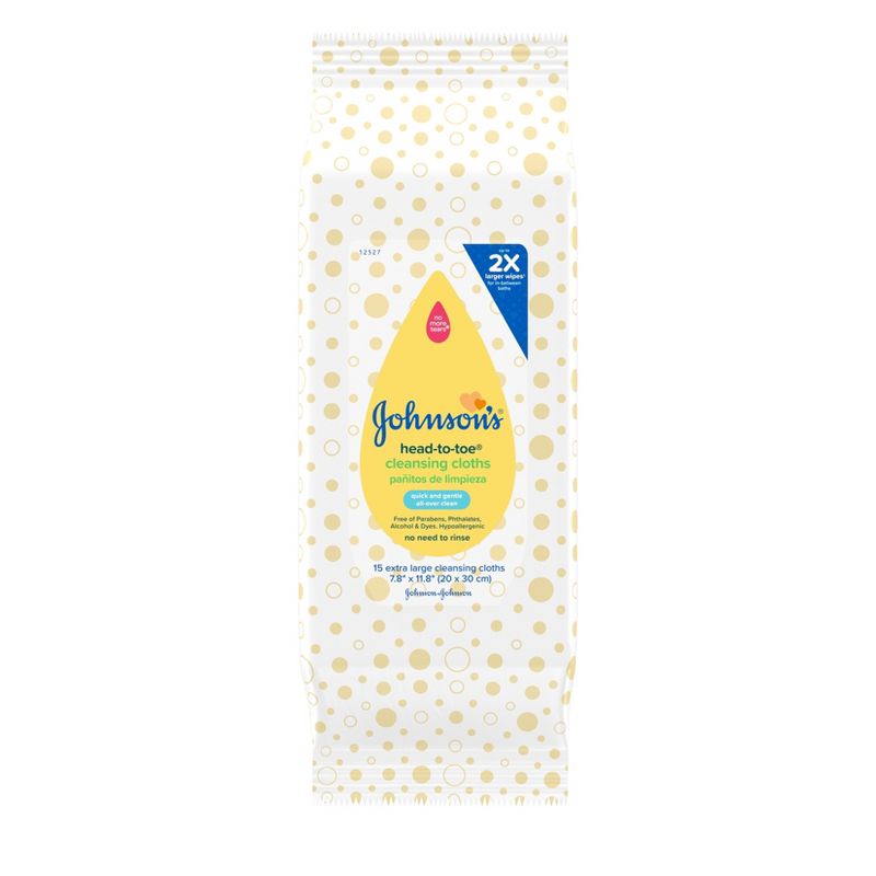 Johnson&#39;s Head-to-Toe Gentle Baby Cleansing Cloths, Hypoallergenic, Pre-Moistened Baby Bath Wipe - 15ct, 1 of 8