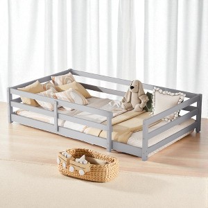 Mshliw Twin/Full Size Floor Bed, Montessori Floor Bed with Fence, Wooden Low Profile Platform Bed Frame for Toddlers Kids,No Box Spring Needed - 1 of 4