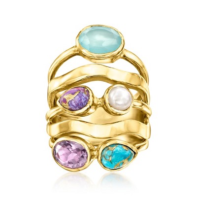 Ross-Simons 4.5-5mm Cultured Pearl and Multi-Gemstone Ring in 18kt Gold Over Sterling