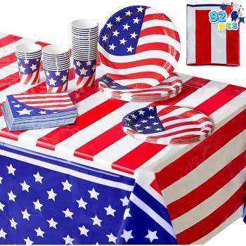 Syncfun 4th of July 92 Pcs Patriotic Party Supplies Set of 2 American Flag Table Covers 30 Paper Cups 30 Paper Plates 30 Napkins for