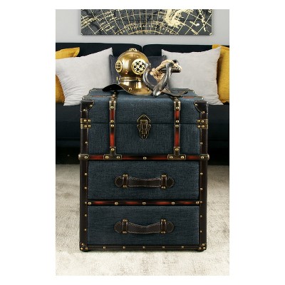 Dark Blue Linen Upholstered Wood End Table with Storage