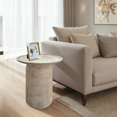 Royal Hampton, Oais Side End Table, Sandblasted Distressed Mango Wood, 17 Inch Round Top