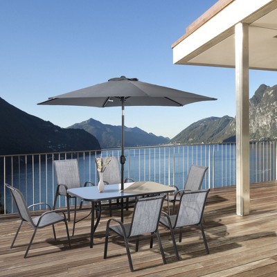 Gray 6-Person Outdoor Dining Set with Umbrella and Glass Top Table