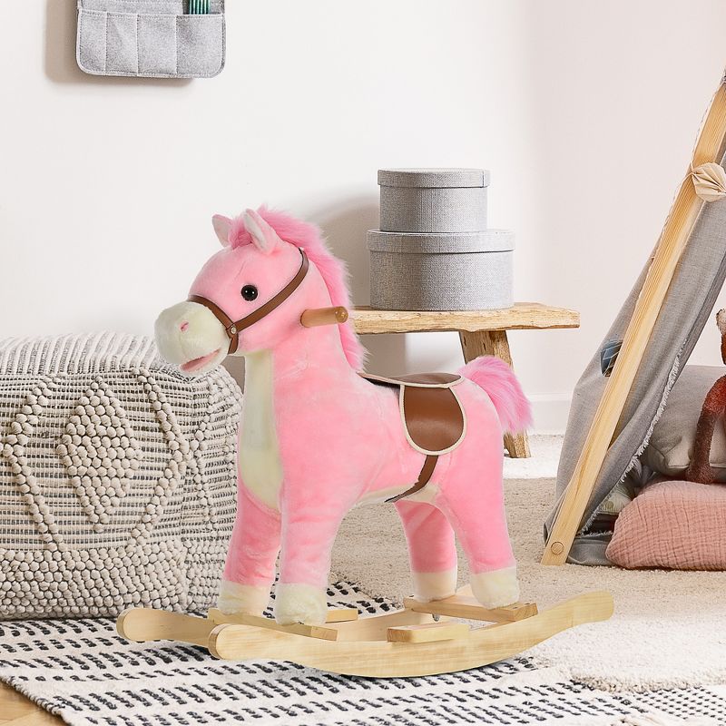 Qaba Rocking Horse Plush Animal on Wooden Rockers with Sounds, Wooden Base, Baby Rocking Chair for 36-72 Months, Pink, 3 of 8