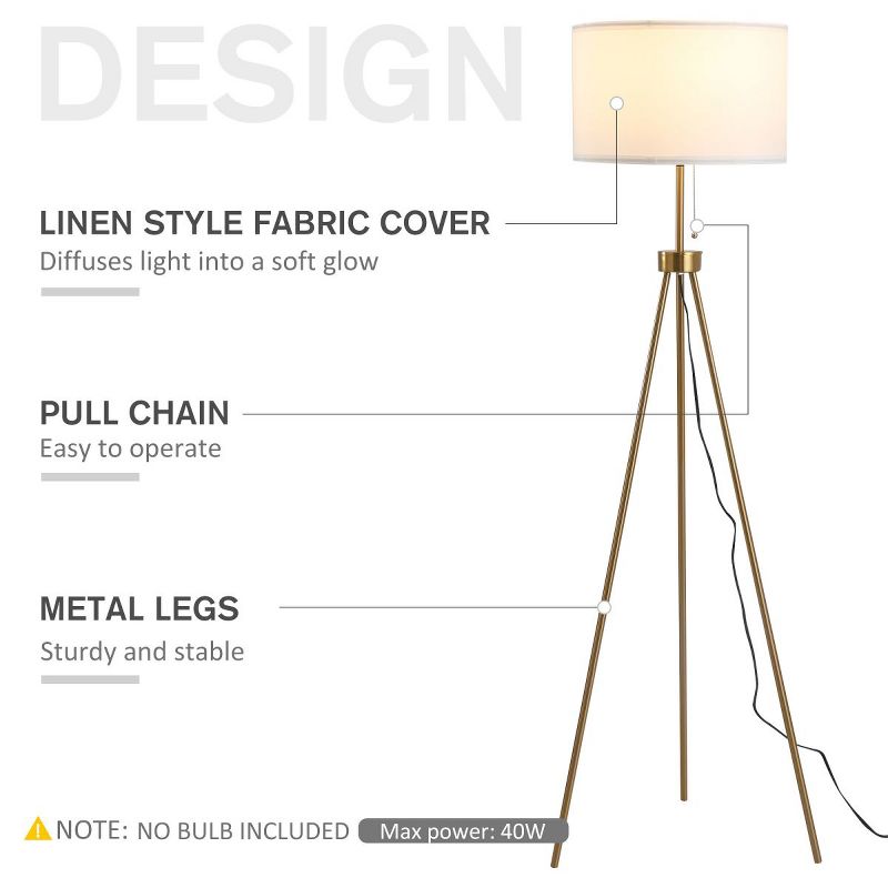 59.75" Gold Floor Lamps For Living Room Steel Tripod Floor Lamp Floor Lamps With White Fabric Shade 14.5 Mid-Century Modern-The Pop Home, 4 of 8