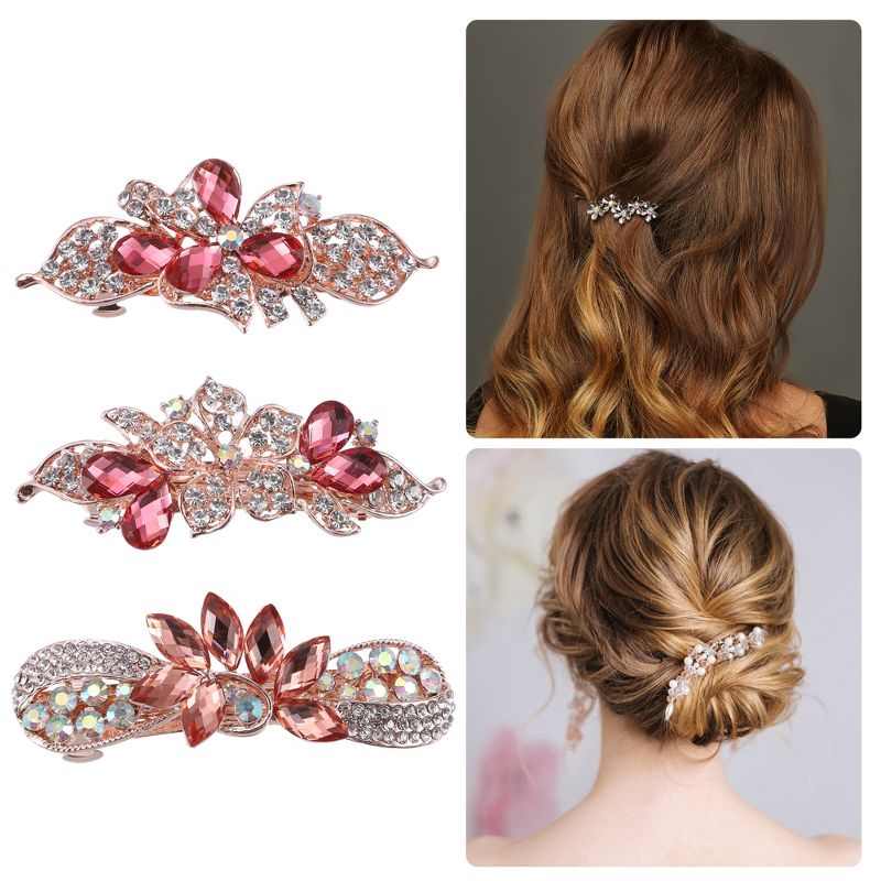 Unique Bargains 3 Pcs Hair Clips Hair Accessories for Women Hair Barrettes Sparkly Rhinestones Hairpin Pink, 2 of 7