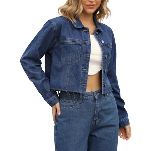 INSPIRE CHIC Women's Long Sleeve Button Down Turndown Collar Frayed Hem Trendy Cropped Washed Denim Jacket - 1 of 4