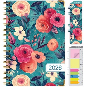 HARDCOVER 2026 Planner, 5.5"x8": 14 Months (Nov 2025-Dec 2026), Daily/Weekly/Monthly,  Bookmark, Pocket Folder w Sticky Notes (Teal Floral) - 1 of 4