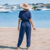 Women's Navy Front Button Straight Leg Jersey Jumpsuit - Cupshe - 4 of 4