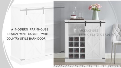 Festivo 37" White Wood Barn Door Buffet Bar Cabinet with Marble Pattern Top