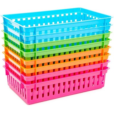 8 Pack 4 Colors Plastic Pen & Pencil Storage Baskets Trays for Classroom Organizer Drawers Shelves Closet and Desk