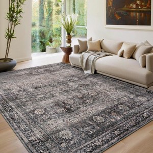 Vintage Floral Patterned Area Rug, Washable Thin Carpet, Stain Resistant and Easy Clean, Reinforced Edges and Backing - 1 of 4