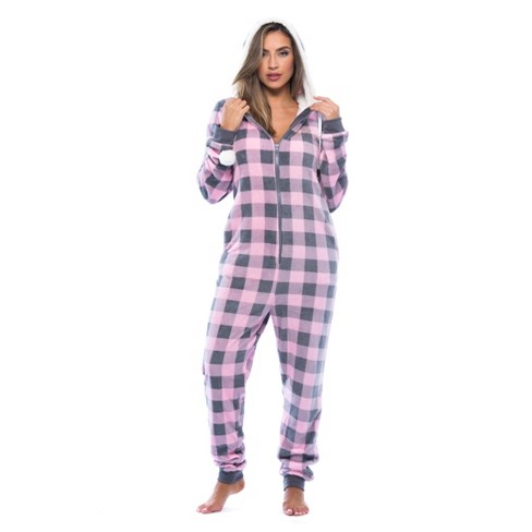 Hoodie Footed One Piece Buffalo Pink & Black Plaid Fleece Footed Pajamas  for Girls 