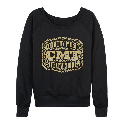 Women's -  - Belt Buckle Lightweight French Terry Wide Neck Long Sleeve Graphic Shirt black