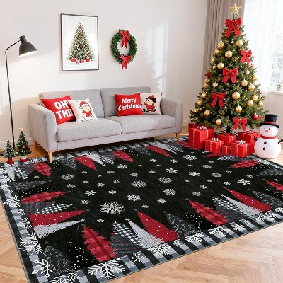 Christmas Area Rugs Soft Washable Xmas Tree Festive Decor Rug Non-Slip Low Pile Rugs for Living Room Bedroom