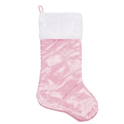 Northlight 20" Light Pink Glittered Snowflake Christmas Stocking with White Faux Fur Cuff