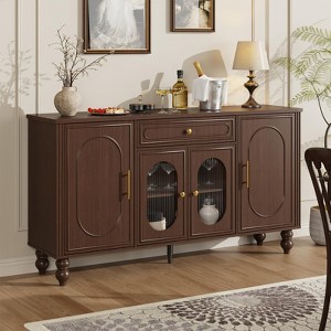 Buffet Cabinet with Storage, Walnut Sideboard Buffet with Glass Doors & Adjustable Shelves, 60" Mid Century Kitchen Storage Cabinet - 1 of 4