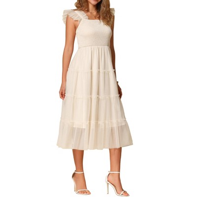 INSPIRE CHIC Women's Summer Midi Sleeveless Smocked Square Neck Tiered Ruffled Wedding Guest Dress