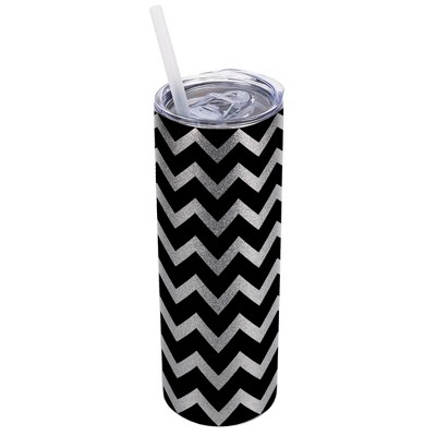 Elanze Designs Silvertone Sparkle 20 Ounce Double Wall Stainless Steel Glitter Travel Tumbler With Sliding Lid And Straw, Chevron