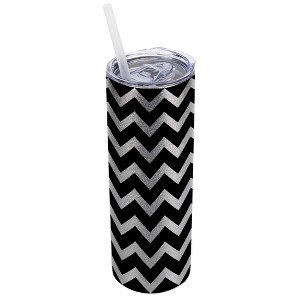 Elanze Designs Silvertone Sparkle 20 Ounce Double Wall Stainless Steel Glitter Travel Tumbler With Sliding Lid And Straw, Chevron - 1 of 4