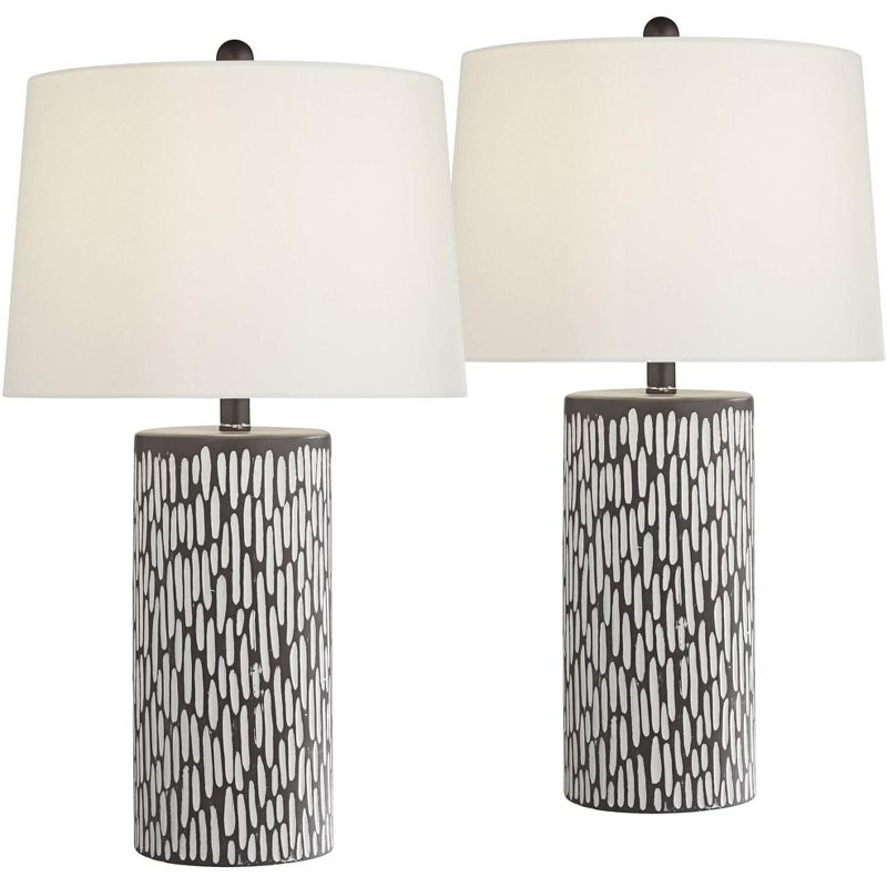 360 Lighting Shane Modern Table Lamps 26 1/2" High Set of 2 Gray White Ceramic Fabric Drum Shade for Bedroom Living Room Bedside Nightstand Office, 1 of 10