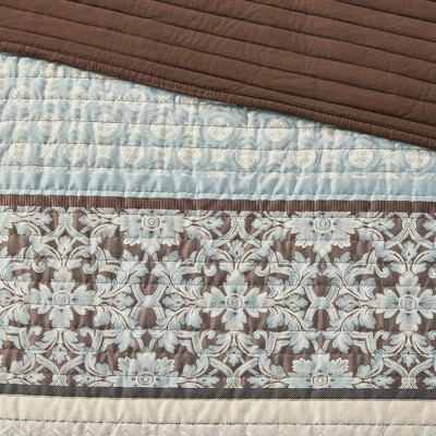 Blue and Brown Reversible Cotton Jacquard Quilt Set, Full