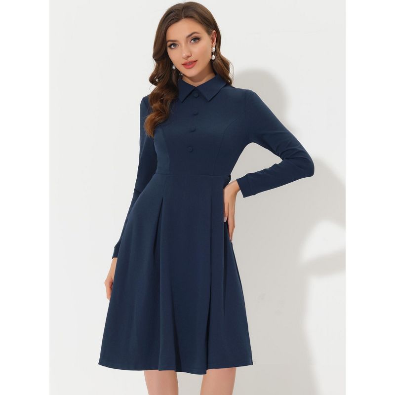 Allegra K Women's Elegant Long Sleeve Button Decor Belted Fit and Flare Dress, 2 of 7