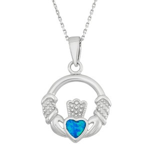Opalata Sterling Silver Blue Inlay Opal Irish Claddagh 18" Pendant Necklace - Blue - 1 of 2