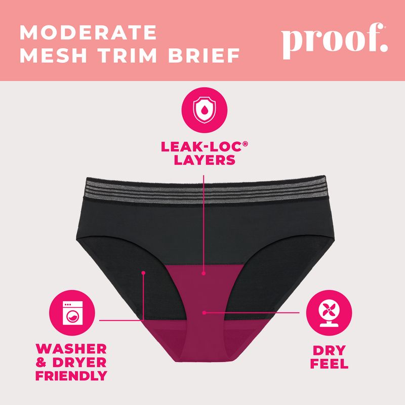 Proof Underwear Women's Moderate Mesh Trim Briefs - Black, 5 of 11