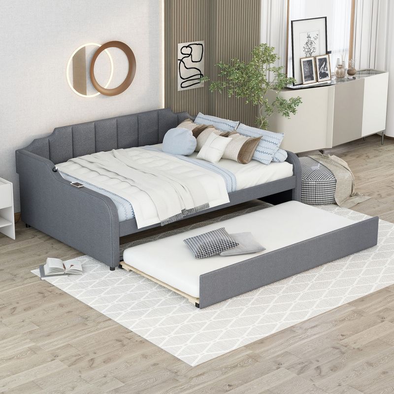 Full Size Upholstery Daybed with Adjustable Trundle Bed and USB Port, Gray-ModernLuxe, 1 of 12