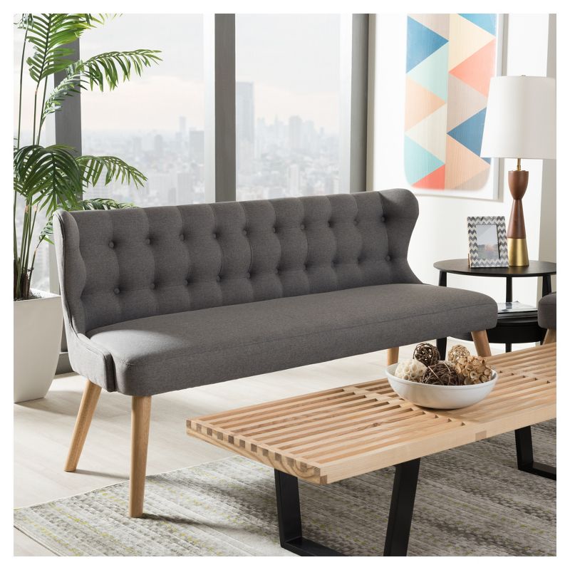 Melody Mid-Century Modern Fabric and Natural Wood Finishing 3 Seater Settee Bench Gray - Baxton Studio, 5 of 9