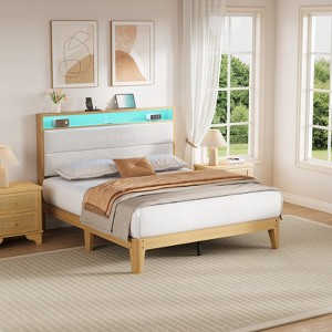 Bed Frame with RGB LED Light & Charging Station, 2-Tier Storage Headboard and Sturdy Wooden Slats Support - 1 of 4